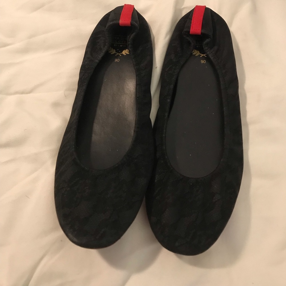 Rita Black Lace Red Bottom Flats, Size 9